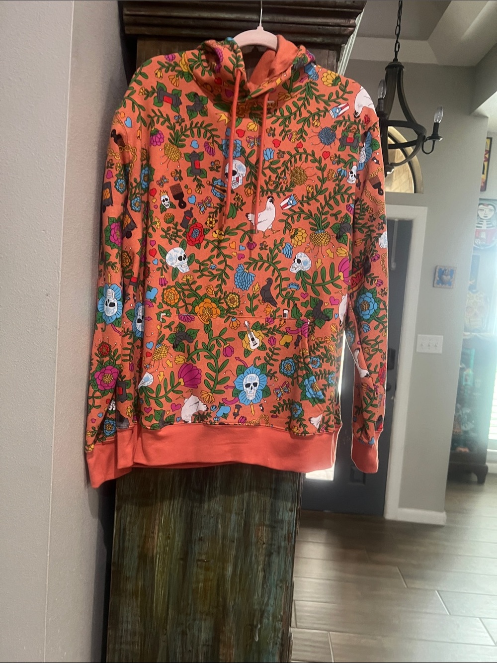 Orange Floral & Skull Print Hoodie